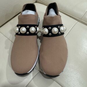 Jimmy Choo Tan Sneakers with Pearl Embellishments